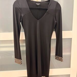 bebe Black Long Sleeve V-Neck Dress with Beaded Cuffs
